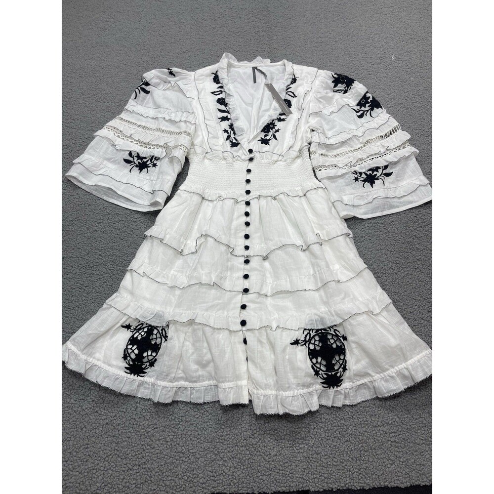 Anthropologie Mini Dress Ivory Embroidered Ruffled Vacay Preppy Boho Sz  XS NWT - Picture 2 of 13